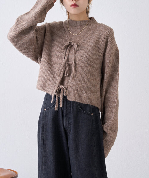 w closet（ダブルクローゼット）の「【SETアイテム】前リボンニットカーディガンSET（カーディガン/ボレロ・レディース・チャコールグレー/アイボリー/ベージュ・FREE）」の3枚目の写真