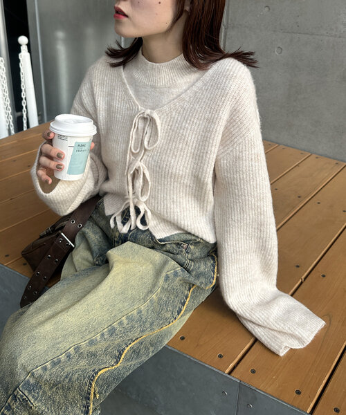 w closet（ダブルクローゼット）の「【SETアイテム】前リボンニットカーディガンSET（カーディガン/ボレロ・レディース・チャコールグレー/アイボリー/ベージュ・FREE）」の5枚目の写真