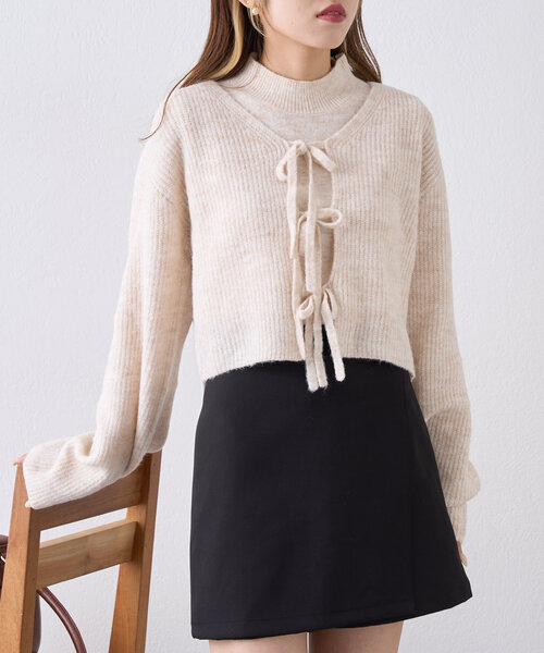 w closet（ダブルクローゼット）の「【SETアイテム】前リボンニットカーディガンSET（カーディガン/ボレロ・レディース・チャコールグレー/アイボリー/ベージュ・FREE）」の14枚目の写真