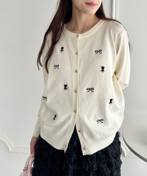 セール】ローズ＆リボン刺繍ニットカーディガン（カーディガン