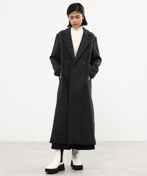 STUDIOUS/ステュディオス】Silk Nep Double Breasted Coat/ロング