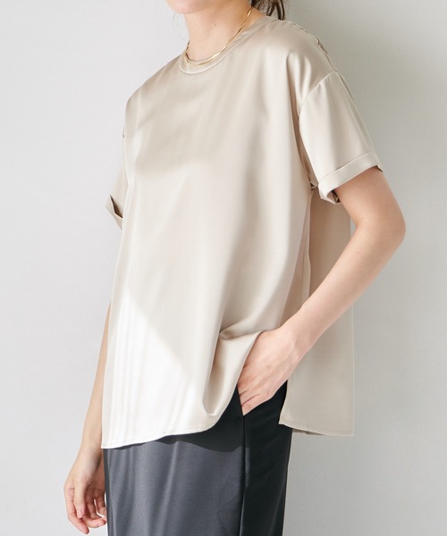 ブラウス シャツ バックジップサテンTブラウス レディース Emma Taylor ブラウス シャツ バックジップサテンTブラウス