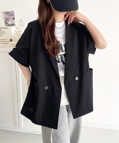 classicalelf（クラシカルエルフ）の「大人の抜け感を楽しむ。麻調シアードルマンショートスリーブジャケット（テーラードジャケット・レディース・チャコール/ベージュ/ブラック・X-LARGE/LARGE/MEDIUM/SMALL）」の11枚目の写真