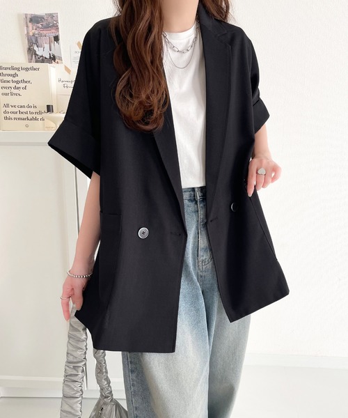 classicalelf（クラシカルエルフ）の「大人の抜け感を楽しむ。麻調シアードルマンショートスリーブジャケット（テーラードジャケット・レディース・チャコール/ベージュ/ブラック・X-LARGE/LARGE/MEDIUM/SMALL）」の12枚目の写真