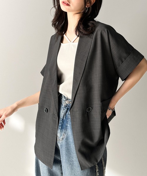 classicalelf（クラシカルエルフ）の「大人の抜け感を楽しむ。麻調シアードルマンショートスリーブジャケット（テーラードジャケット・レディース・チャコール/ベージュ/ブラック・X-LARGE/LARGE/MEDIUM/SMALL）」の20枚目の写真