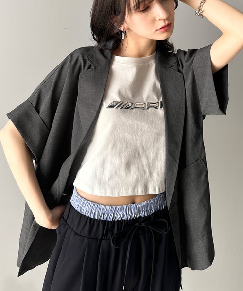 classicalelf（クラシカルエルフ）の「大人の抜け感を楽しむ。麻調シアードルマンショートスリーブジャケット（テーラードジャケット・レディース・チャコール/ベージュ/ブラック・X-LARGE/LARGE/MEDIUM/SMALL）」の4枚目の写真