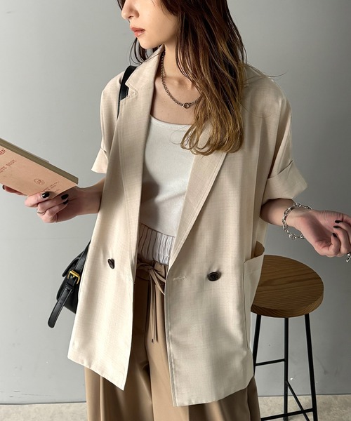 classicalelf（クラシカルエルフ）の「大人の抜け感を楽しむ。麻調シアードルマンショートスリーブジャケット（テーラードジャケット・レディース・チャコール/ベージュ/ブラック・X-LARGE/LARGE/MEDIUM/SMALL）」の6枚目の写真