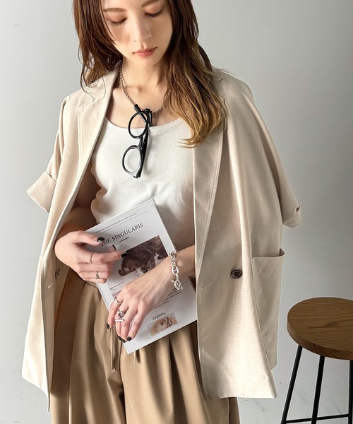 classicalelf（クラシカルエルフ）の「大人の抜け感を楽しむ。麻調シアードルマンショートスリーブジャケット（テーラードジャケット・レディース・チャコール/ベージュ/ブラック・X-LARGE/LARGE/MEDIUM/SMALL）」の9枚目の写真