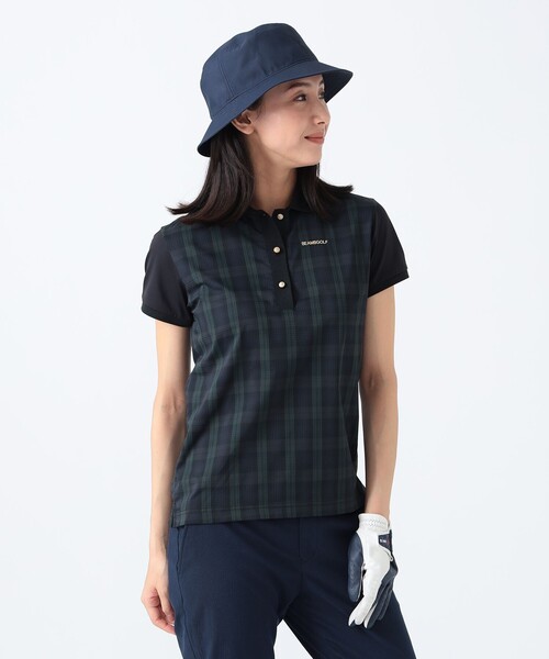 未使用 定価17,000 ビームスゴルフ チェック ポロシャツ Ｍ ブラック セール】〈WOMEN〉PURPLE LABEL / チェック 切り替え ポロシャツ