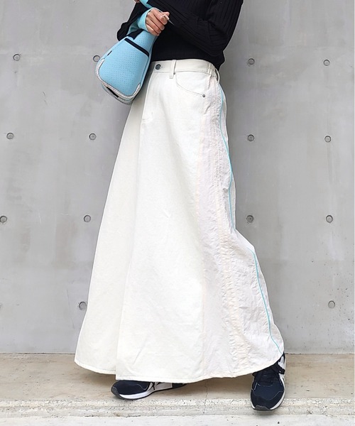 Q（キュー）の「デニムドッキングスカート（デニムスカート・レディース・ネイビー/ホワイト・MEDIUM）」の15枚目の写真