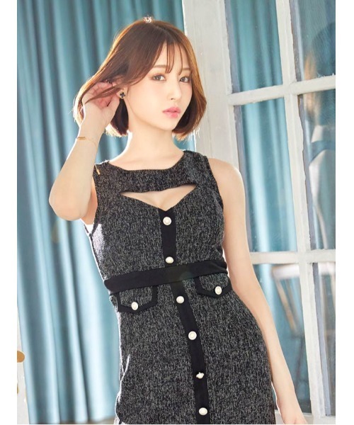 ミックスツイードカットアウトノースリーブタイトミニドレス