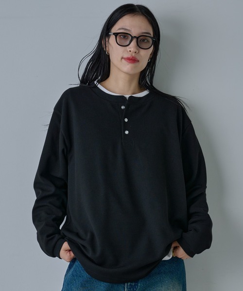 セール】スウェットライクワッフルヘンリーネックプルオーバー（T