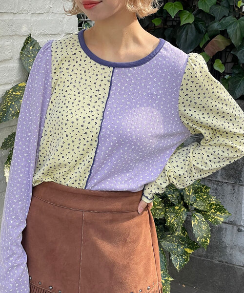 HELLO.SANFRANCISCO(ハローサンフランシスコ)の「【HELLO.SANFRANCISCO/ハローサンフランシスコ】小花柄ドッキングリブトップス(Tシャツ/カットソー・レディース・オフホワイト/イエロー・ONE SIZE)」の1枚目の写真