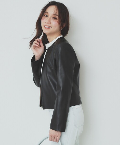 index（インデックス）の「シンセティックレザーブルゾン【洗える/ストレッチ】（ブルゾン・レディース・ナチュラル/ブラック・36/38/40/42）」の3枚目の写真