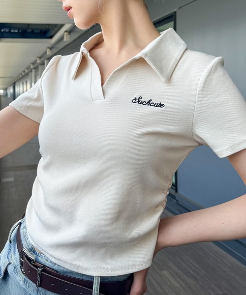 SpRay(スプレイ)の「【春夏新作】刺繍ロゴスキッパ-トップス(ポロシャツ・レディース・アイボリー/ブラック/サックスブルー/オートミール/ホワイト/ピンク・FREE)」の3枚目の写真