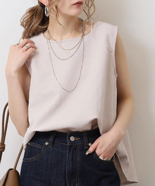 BRODIAEA(ブローディア)の「BRODIAEA 【セットアップ対応】ジャガードストレッチ ノースリ―ブAラインカットソー(Tシャツ/カットソー・レディース・ブラック/ベージュ・40)」の2枚目の写真