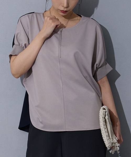 NICOLE white(ニコルホワイト)の「異素材切り替えTEE(Tシャツ/カットソー・レディース・ブラック/オフホワイト/グレー/その他1・FREE)」の1枚目の写真
