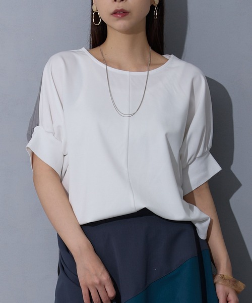 NICOLE white(ニコルホワイト)の「異素材切り替えTEE(Tシャツ/カットソー・レディース・ブラック/オフホワイト/グレー/その他1・FREE)」の2枚目の写真