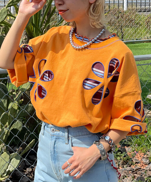 イタリア製 背中にペガサス刺繍の可愛いオレンジリネンカットソー HELLO.SANFRANCISCO/ハローサンフランシスコ】フラワーカットアウト