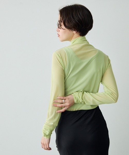 セール】Shirred sleeve high neck sheer top / シャーリング