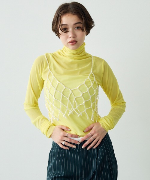 未使用♡ESSENTIALシースルージップアップ セール】Shirred sleeve high neck sheer top / シャーリング