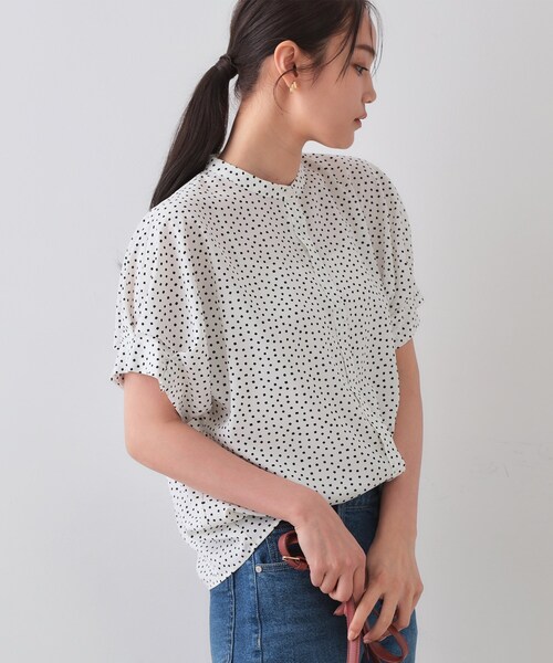 【美品】melange 顔柄シャツブラウス　幾何学　変形ドルマン　ブルー osharewalker シャツ ブラウス レディース トップス 羽織 長袖