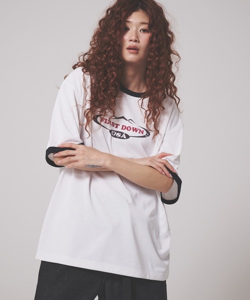 FIRST DOWN（ファーストダウン）の「リネンタッチ ショートスリーブ リンガーTシャツ（Tシャツ/カットソー・メンズ・ホワイト/ブラック・M/L/XL）」の6枚目の写真