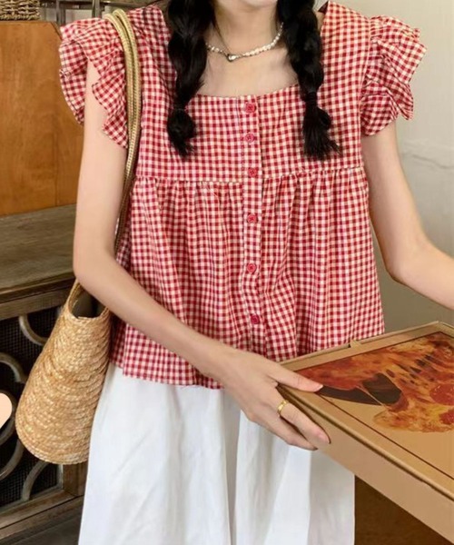 SPIGA(スピーガ)の「スクエアネック袖フリルギンガムチェックブラウス(シャツ/ブラウス・レディース・レッド・SMALL/MEDIUM/LARGE/X-LARGE)」の1枚目の写真