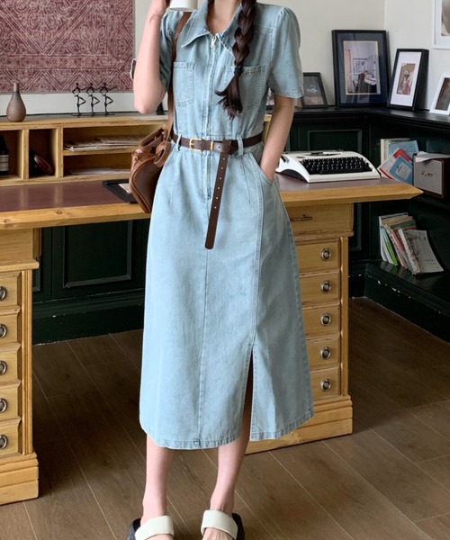 【絶妙丈が嬉しい♡】HERMES エレガント デニムワンピ セール】ベルト付きスリット付きデニムワンピース（ワンピース