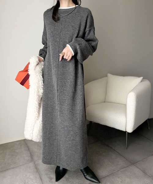 classicalelf（クラシカルエルフ）の「ゆるシルエットで叶える“こなれ感” 配色ニットワンピ 長袖 ロング（ワンピース・レディース・チャコール/ブラック/グレイッシュベージュ・LARGE/MEDIUM/SMALL/X-LARGE）」の3枚目の写真