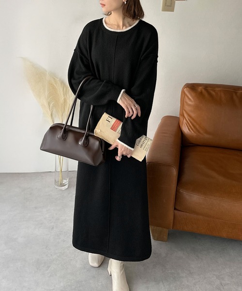 classicalelf（クラシカルエルフ）の「ゆるシルエットで叶える“こなれ感” 配色ニットワンピ 長袖 ロング（ワンピース・レディース・チャコール/ブラック/グレイッシュベージュ・LARGE/MEDIUM/SMALL/X-LARGE）」の5枚目の写真