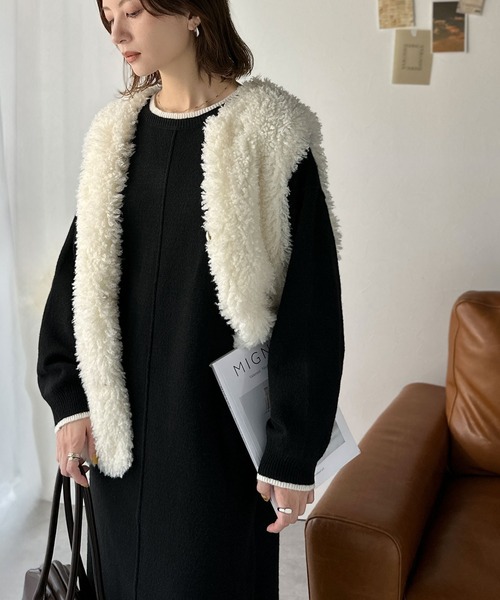 classicalelf（クラシカルエルフ）の「ゆるシルエットで叶える“こなれ感” 配色ニットワンピ 長袖 ロング（ワンピース・レディース・チャコール/ブラック/グレイッシュベージュ・LARGE/MEDIUM/SMALL/X-LARGE）」の6枚目の写真