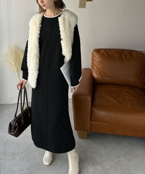 classicalelf（クラシカルエルフ）の「ゆるシルエットで叶える“こなれ感” 配色ニットワンピ 長袖 ロング（ワンピース・レディース・チャコール/ブラック/グレイッシュベージュ・LARGE/MEDIUM/SMALL/X-LARGE）」の7枚目の写真