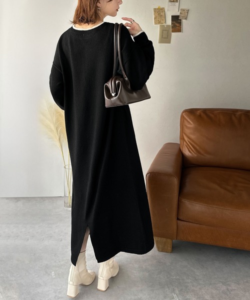classicalelf（クラシカルエルフ）の「ゆるシルエットで叶える“こなれ感” 配色ニットワンピ 長袖 ロング（ワンピース・レディース・チャコール/ブラック/グレイッシュベージュ・LARGE/MEDIUM/SMALL/X-LARGE）」の8枚目の写真