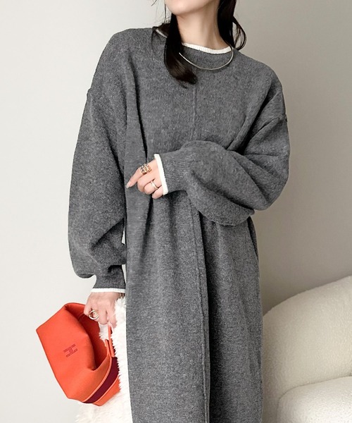 classicalelf（クラシカルエルフ）の「ゆるシルエットで叶える“こなれ感” 配色ニットワンピ 長袖 ロング（ワンピース・レディース・チャコール/ブラック/グレイッシュベージュ・LARGE/MEDIUM/SMALL/X-LARGE）」の13枚目の写真