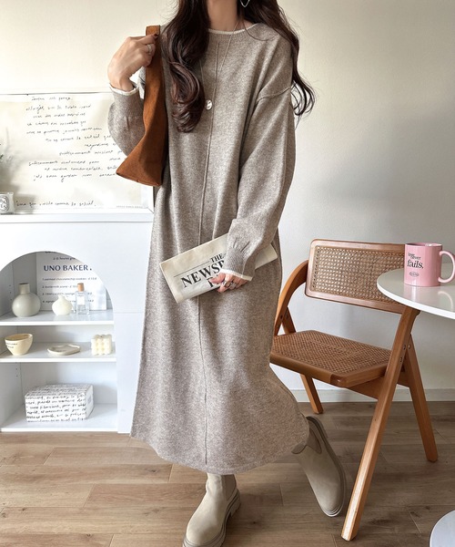 classicalelf（クラシカルエルフ）の「ゆるシルエットで叶える“こなれ感” 配色ニットワンピ 長袖 ロング（ワンピース・レディース・チャコール/ブラック/グレイッシュベージュ・LARGE/MEDIUM/SMALL/X-LARGE）」の19枚目の写真