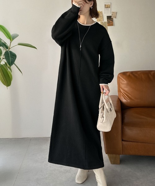 classicalelf（クラシカルエルフ）の「ゆるシルエットで叶える“こなれ感” 配色ニットワンピ 長袖 ロング（ワンピース・レディース・チャコール/ブラック/グレイッシュベージュ・LARGE/MEDIUM/SMALL/X-LARGE）」の4枚目の写真