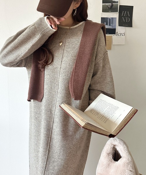 classicalelf（クラシカルエルフ）の「ゆるシルエットで叶える“こなれ感” 配色ニットワンピ 長袖 ロング（ワンピース・レディース・チャコール/ブラック/グレイッシュベージュ・LARGE/MEDIUM/SMALL/X-LARGE）」の18枚目の写真