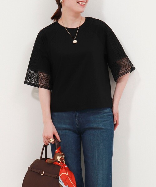 NOLLEY'S LIGHT（ノーリーズライト）の「コットン天竺袖レースT（Tシャツ/カットソー・レディース・ブラック/オフホワイト/ブラウン・38）」の2枚目の写真