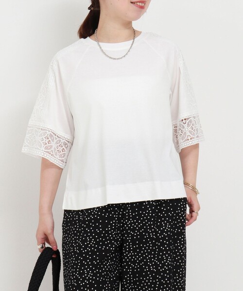 NOLLEY'S LIGHT（ノーリーズライト）の「コットン天竺袖レースT（Tシャツ/カットソー・レディース・ブラック/オフホワイト/ブラウン・38）」の7枚目の写真