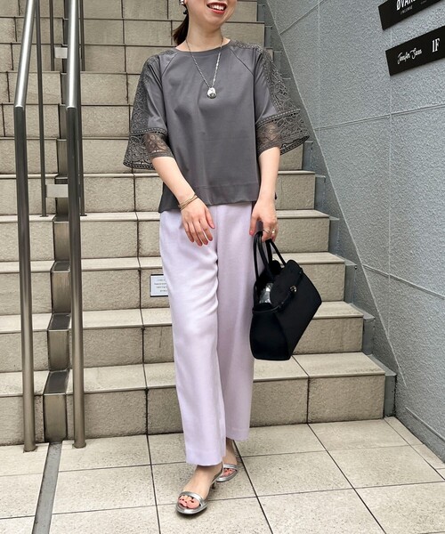 NOLLEY'S LIGHT（ノーリーズライト）の「コットン天竺袖レースT（Tシャツ/カットソー・レディース・ブラック/オフホワイト/ブラウン・38）」の14枚目の写真