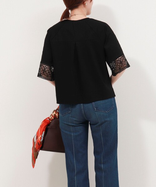 NOLLEY'S LIGHT（ノーリーズライト）の「コットン天竺袖レースT（Tシャツ/カットソー・レディース・ブラック/オフホワイト/ブラウン・38）」の19枚目の写真