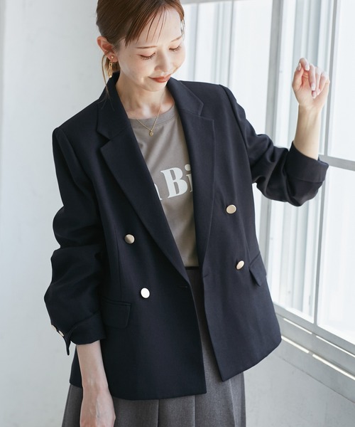セール】レディハンサムシリーズ ウールライク金ボタンジャケット(半