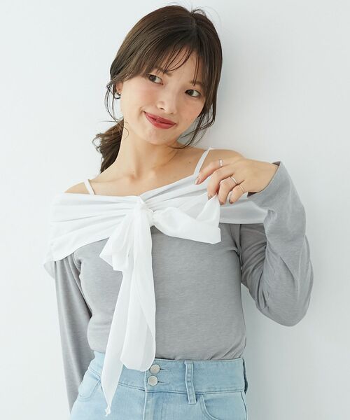 MAJESTIC LEGON（マジェスティックレゴン）の「オフショルリボントップス（Tシャツ/カットソー・レディース・グレー/ブラック/ピンク・MEDIUM）」の16枚目の写真