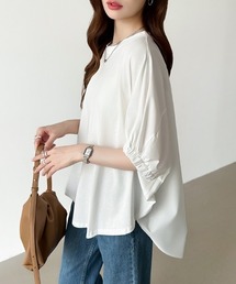 ドッキングトップス ラウンドヘム 異素材 Tシャツ オーバーサイズ カットソー 半袖 夏服 無地 ボーダー