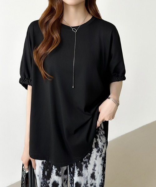 COCOMOMO（ココモモ）の「ドッキングトップス ラウンドヘム 異素材 Tシャツ オーバーサイズ カットソー 半袖 夏服 無地 ボーダー（Tシャツ/カットソー・レディース・ホワイト/ホワイト×ブラック/ブラック・FREE）」の3枚目の写真