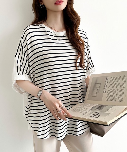 COCOMOMO（ココモモ）の「ドッキングトップス ラウンドヘム 異素材 Tシャツ オーバーサイズ カットソー 半袖 夏服 無地 ボーダー（Tシャツ/カットソー・レディース・ホワイト/ホワイト×ブラック/ブラック・FREE）」の5枚目の写真