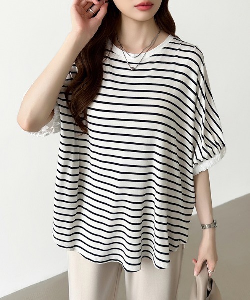 COCOMOMO（ココモモ）の「ドッキングトップス ラウンドヘム 異素材 Tシャツ オーバーサイズ カットソー 半袖 夏服 無地 ボーダー（Tシャツ/カットソー・レディース・ホワイト/ホワイト×ブラック/ブラック・FREE）」の17枚目の写真