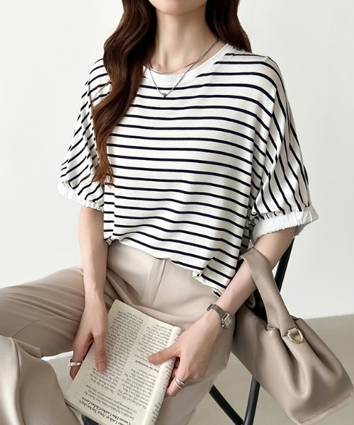 COCOMOMO（ココモモ）の「ドッキングトップス ラウンドヘム 異素材 Tシャツ オーバーサイズ カットソー 半袖 夏服 無地 ボーダー（Tシャツ/カットソー・レディース・ホワイト/ホワイト×ブラック/ブラック・FREE）」の19枚目の写真