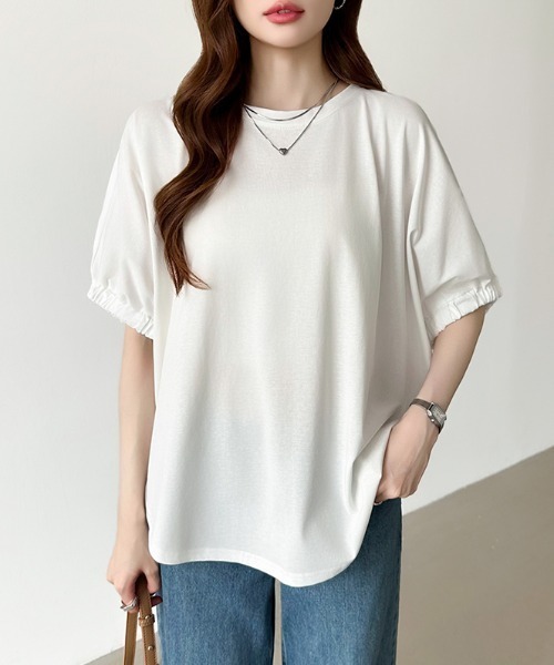 COCOMOMO（ココモモ）の「ドッキングトップス ラウンドヘム 異素材 Tシャツ オーバーサイズ カットソー 半袖 夏服 無地 ボーダー（Tシャツ/カットソー・レディース・ホワイト/ホワイト×ブラック/ブラック・FREE）」の8枚目の写真